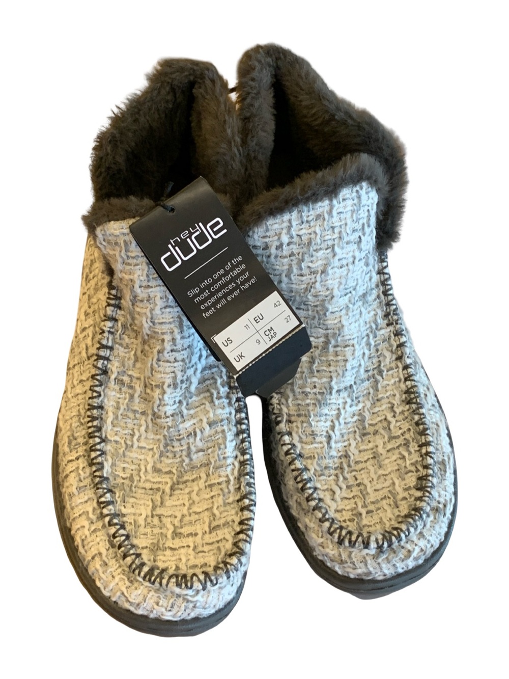 Hey Dude Denny Cozy Lined Booties Slippers Gray White Tweed Women's Size 11 NWT